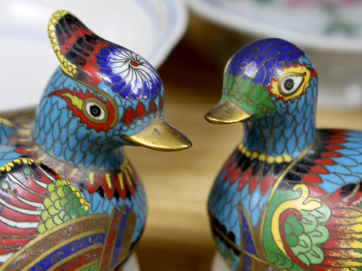 Five Chinese items including a pair of cloisonné enamel duck boxes and covers, a hardstone floral display and two dishes, largest 30cm. Condition - fair